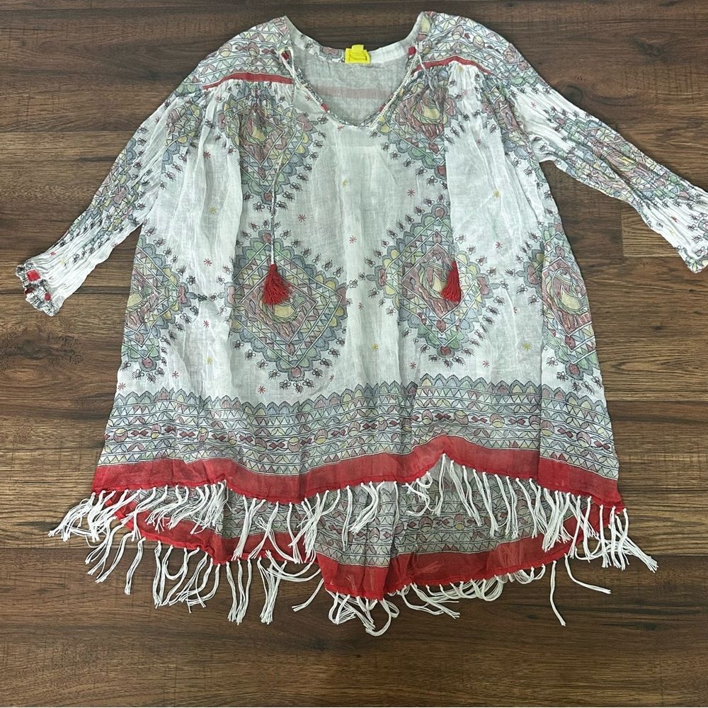 Roberta Roller Rabbit White and red Boho Tunic top tassels xs 100% cotton